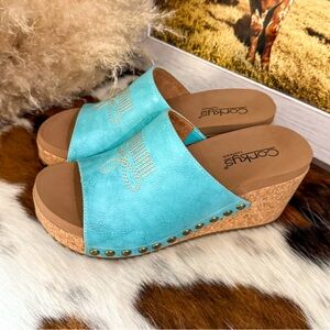 Corkys Turquoise Open-Toe Cork Wedge Slide Sandals
